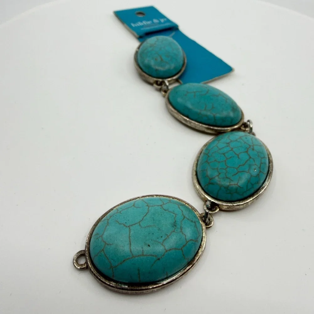 Hildie & Jo Turquoise Blue Wagnerite Oval Bead Links Silver Tone Jewelry Making